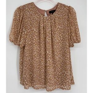 Eclair Womens Leopard Print Puff Sleeve Mesh Blouse Tan Cream Sz S